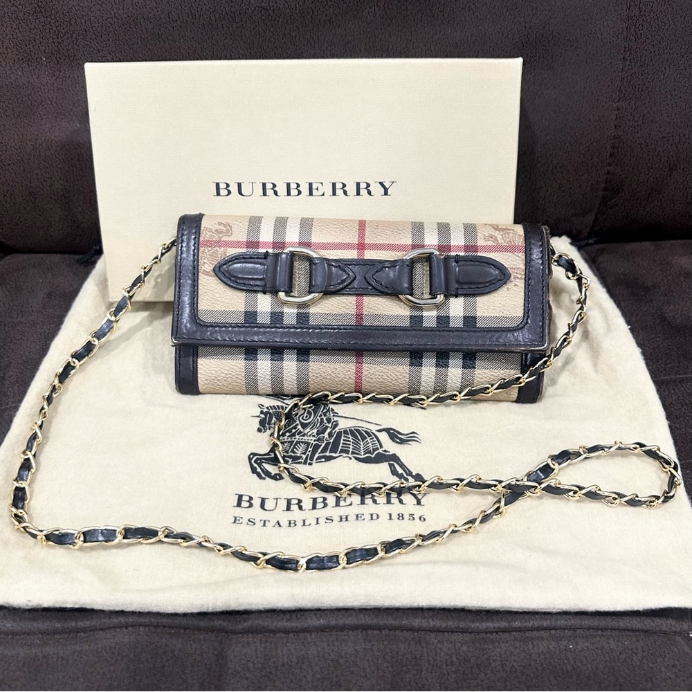 💯 Authentic Burberry Haymarket Wallet on Chain Crossbody Shoulder Bag Purse WOC
